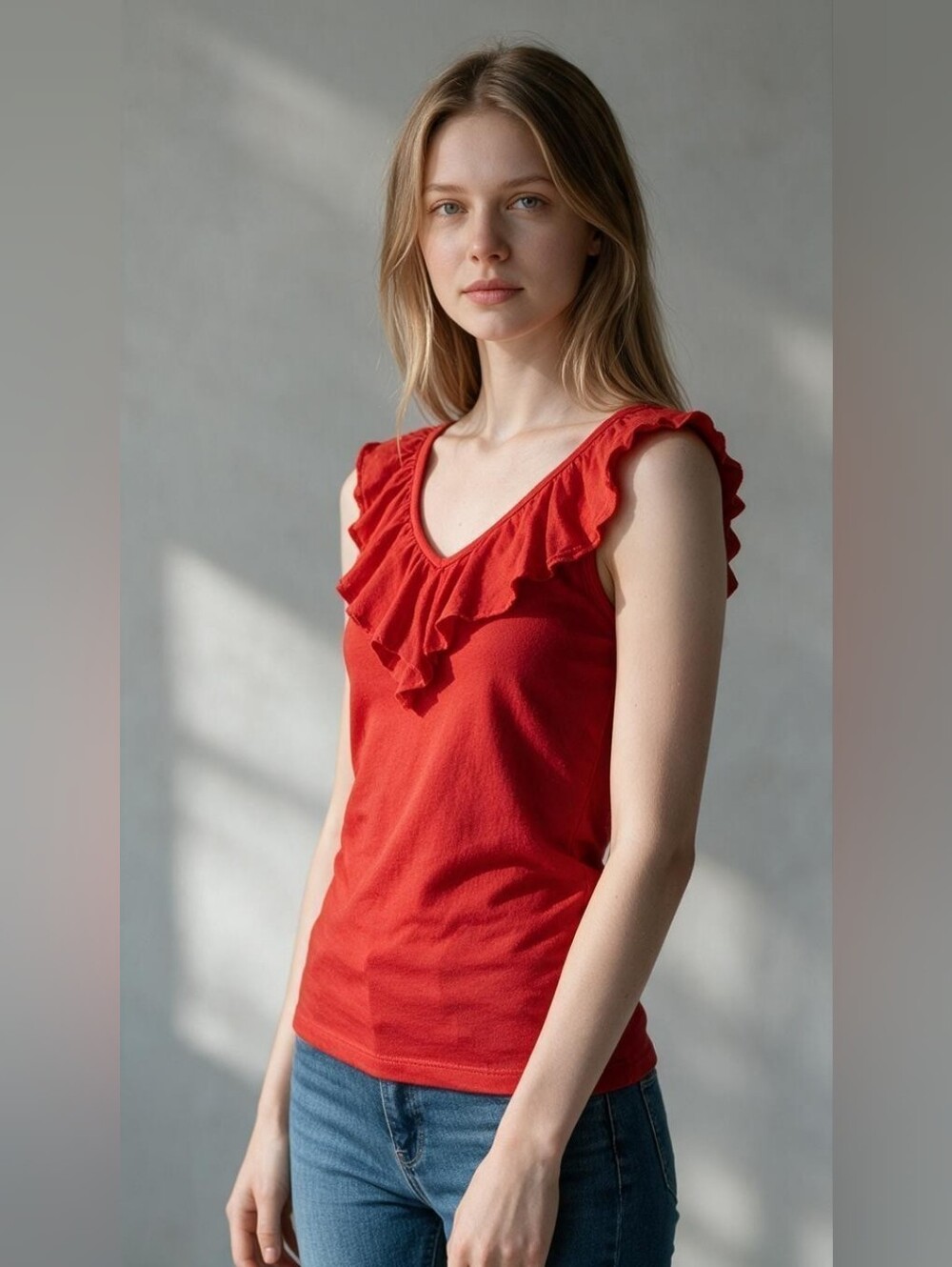 White House Black Market Double V Ruffle Neckline Red Sunset Spring Bohemian